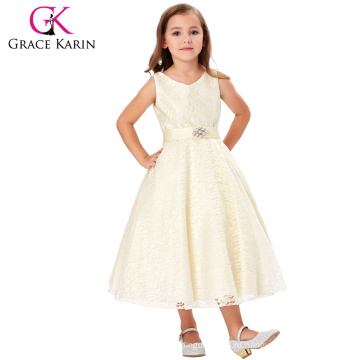 Грейс Карин дизайн мода без рукавов V-образным вырезом бежевый кружева цветок девочки платья маленьких девочек платье 2~12 лет CL008938-4